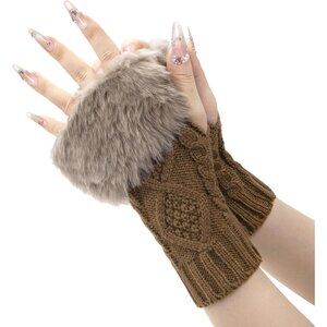 Women's Khaki Faux Fur Crochet Fingerless Knitted Stretchy Wrist Warmers Gloves